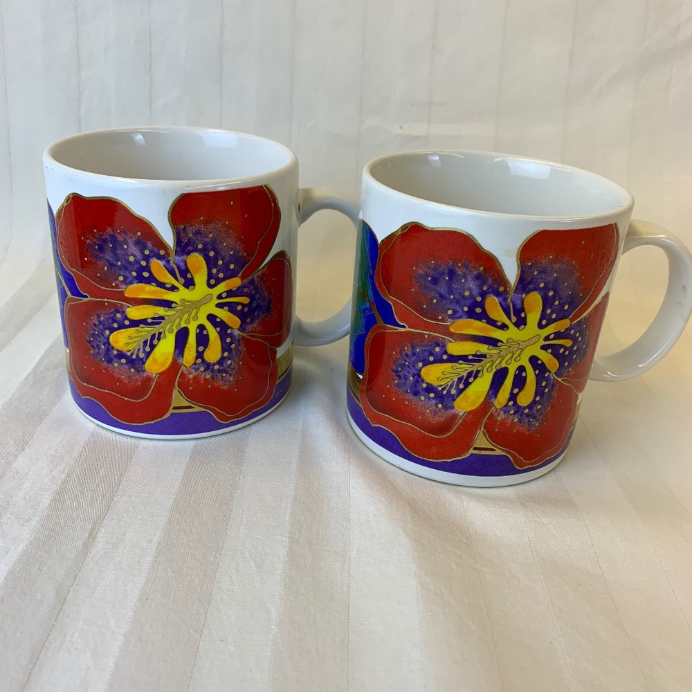 Pair of Laurel Burch Wild Hibiscus Coffee Mugs